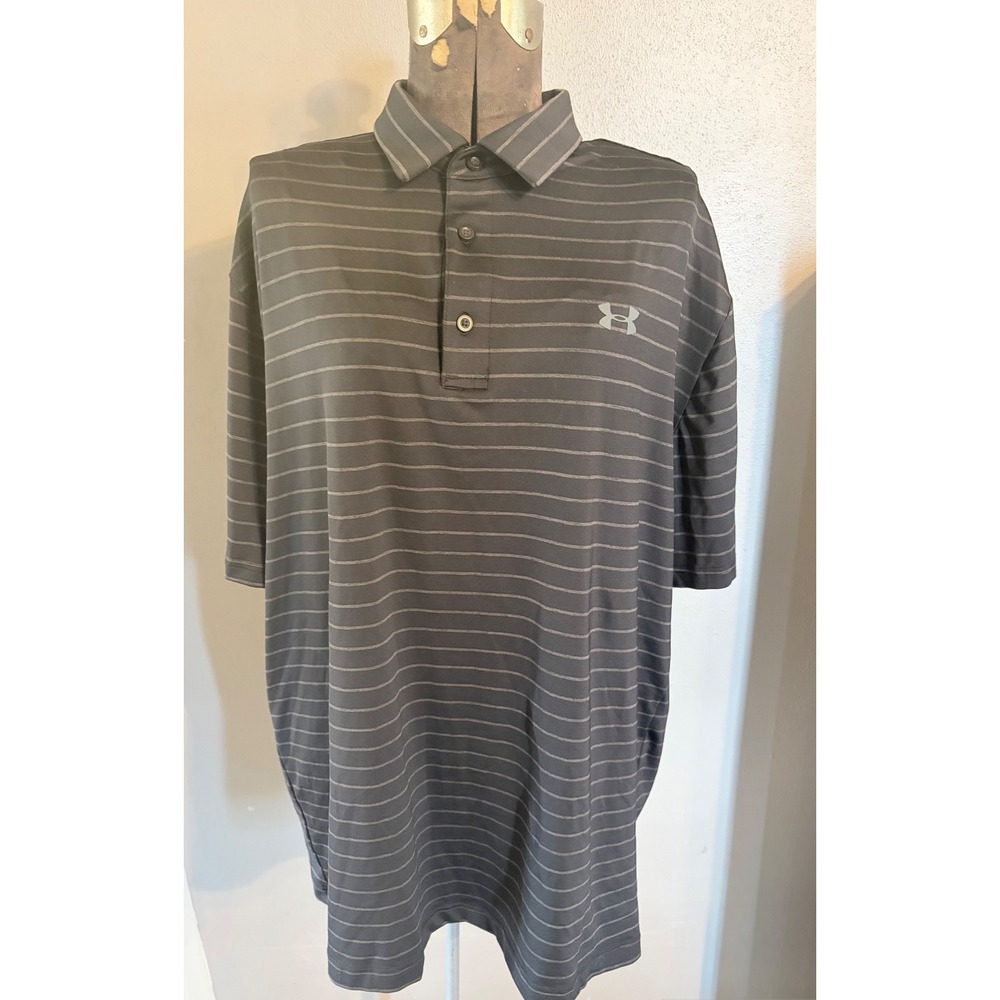 Under Armour Mens Playoff Polo Shirt XL Gray Striped HeatGear Loose Fit Golf